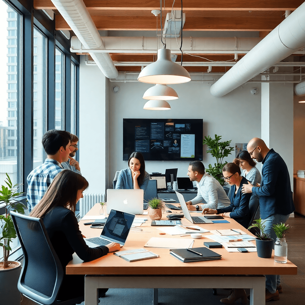 Modern office workspace with diverse professionals collaborating on projects